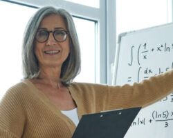 Cheerful senior woman teaching maths while pointing whiteboard at classroom