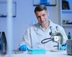 Confident man laboratory worker smiling on camera, scientist conducting research