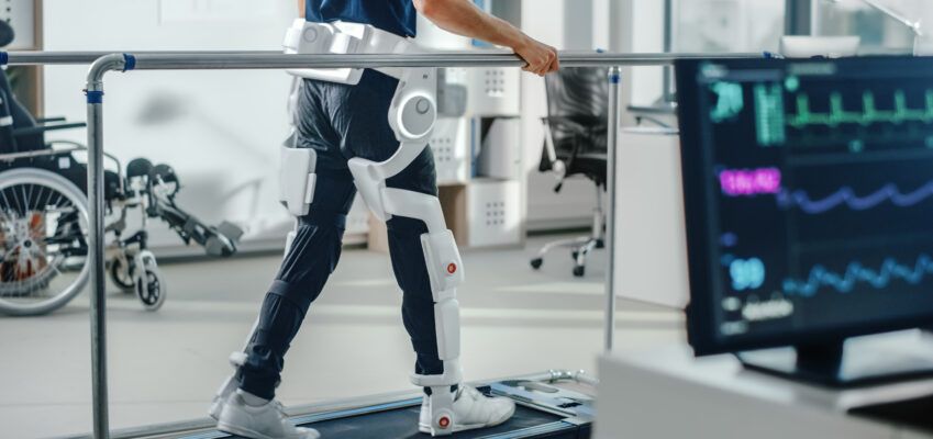 Modern Hospital Physical Therapy: Patient with Injury Walks on Treadmill Wearing Advanced Robotic Exoskeleton Legs. Physiotherapy Rehabilitation Technology to Make Disabled Person Walk. Focus on Legs