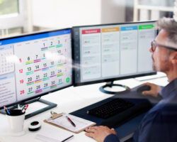 man sitting at computer planning work in the calendar